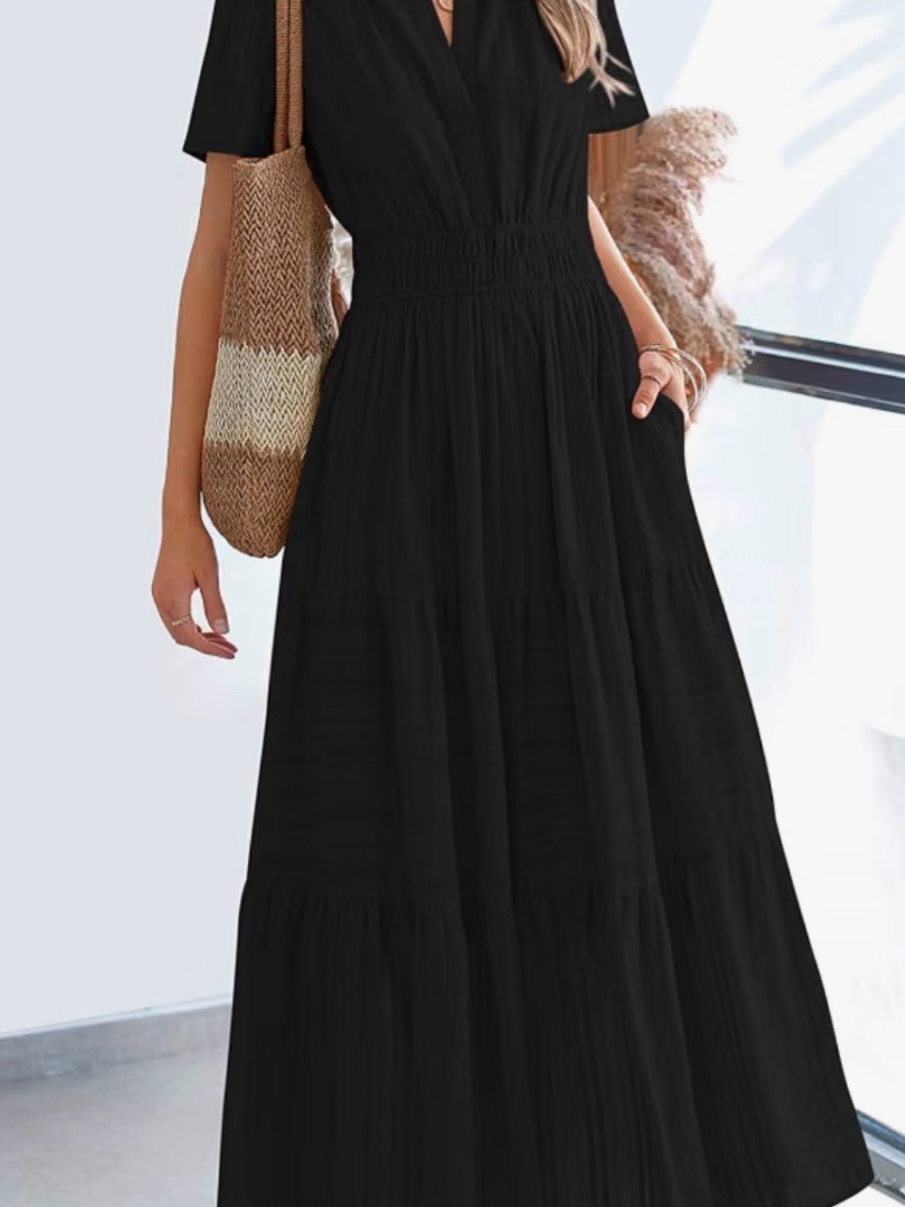 Women’s Black Maxi Dress with V-Neck and Elastic Waist